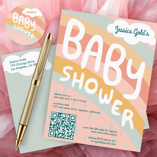 BABY SHOWER Niedliche Wolken Rainbow Custom QR COD Einladungspostkarte