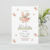 Baby Shower Orejas de Conejo Rosa y Flores Einladung (Stehend Vorderseite)
