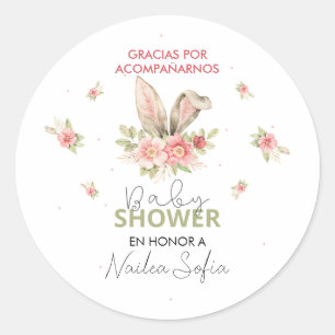Baby Shower Orejas de Conejo Rosa y Flores Runder Aufkleber