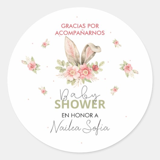 Baby Shower Orejas de Conejo Rosa y Flores Runder Aufkleber (Vorderseite)