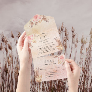 Baby Shower Pampas Gras Rose Gold Blumen RSVP All In One Einladung
