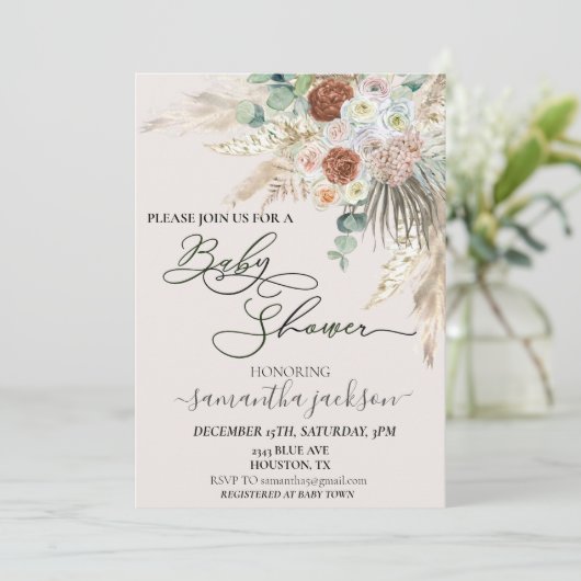 Baby Shower Pampas Grass Boho Watercolor Einladung (Stehend Vorderseite)