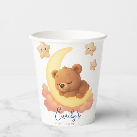 Baby Shower Paper Cup – Teddy Bear on the Moon Pappbecher (Vorderseite)