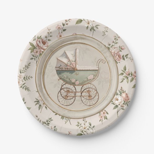 Baby Shower Paper Plate with Vintage Pram Pappteller (Vorderseite)