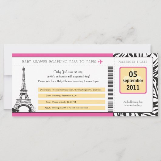 Baby Shower Paris Boarding Pass Einladung (Vorderseite)