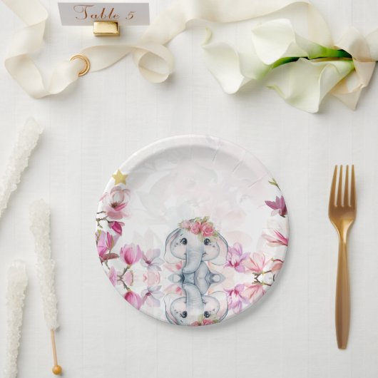 Baby Shower Party Plate with Floral Elephant Pappteller (Hochzeit)