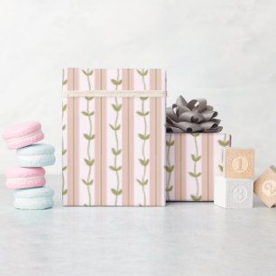 Baby Shower Pastell Rosa Streifen Botanisches Grün Geschenkpapier