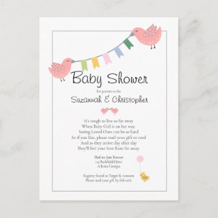 Baby Shower Per Post Mädchen Rosa Vögel Einladungspostkarte