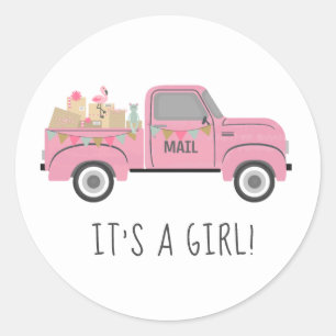 Baby-Shower-per-Post-Vintage-Rosa-LKW Runder Aufkleber