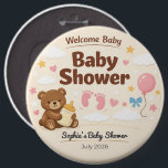 Baby Shower Pin | Welcome Baby | Teddy Bear Button<br><div class="desc">Celebrate joyful beginnings with a teddy bear baby shower pin—perfect keepsake and party favor. Make your baby shower unforgettable with this adorable “Welcome Baby” button pin. Featuring a soft beige background with pastel accents, this design showcases a cute teddy bear holding a baby bottle, surrounded by clouds, stars, hearts, balloons,...</div>