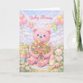 Baby Shower – Pink Bear Floral Illustration Karte (Vorderseite)