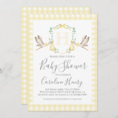 Baby Shower Preppy Gingham Stork Neutral Yellow Einladung (Vorne/Hinten)