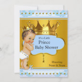 Baby Shower Prince Boy Blue Gold Crown Brünett Einladung (Vorderseite)