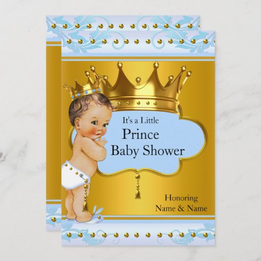 Baby Shower Prince Boy Blue Gold Crown Brünett Einladung (Vorne/Hinten)