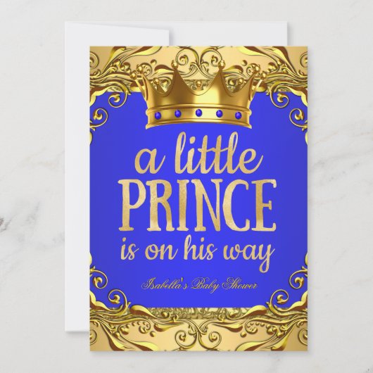 Baby Shower Prinz auf seinem Weg Gold Royal Blue Einladung (Vorderseite)