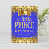 Baby Shower Prinz auf seinem Weg Gold Royal Blue Einladung (Stehend Vorderseite)