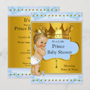 Baby Shower Prinz Junge Blau Gold Krone Blond Einladung