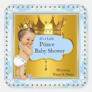 Baby Shower Prinz Junge Blau Gold Krone Brünette Quadratischer Aufkleber