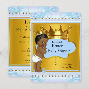Baby Shower Prinz Süßer Junge Blau Gold Krone Ethn Einladung