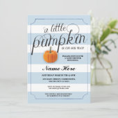 Baby Shower Pumpkin Blue Stripe Harvest Einladung (Stehend Vorderseite)