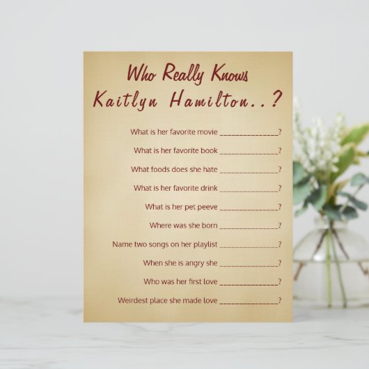 Baby Shower Quiz Spiel Vintages Parchment (Stehend Vorderseite)