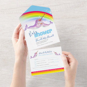 Baby-Shower Regenbogen Narwhale blau Aquarell All In One Einladung