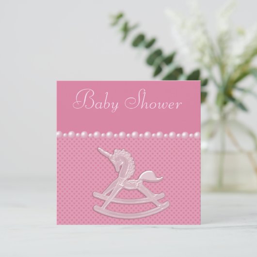 Baby Shower Rocking Horn Unicorn, Perlen & Herz Einladung (Stehend Vorderseite)