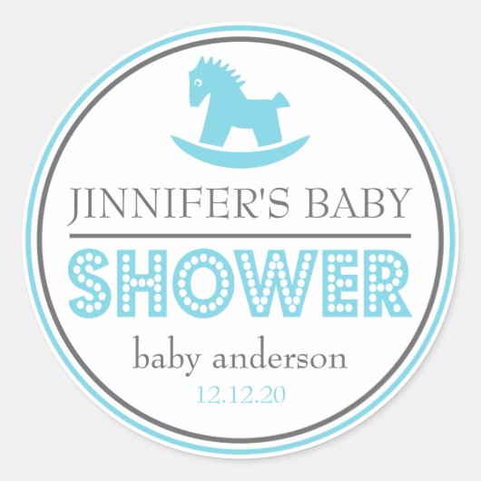 Baby Shower Rocking Horse Gefallen (blau / grau) Runder Aufkleber (Vorderseite)