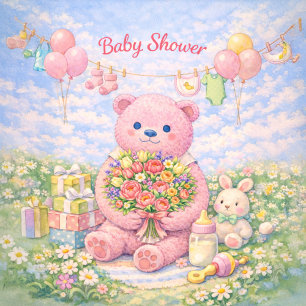 Baby Shower – rosa Bären-Blumenillustration Karte