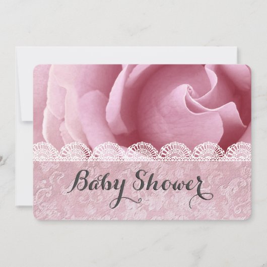 BABY SHOWER Rosa Blume mit Spitzen und Damask A06Z Einladung (Vorderseite)