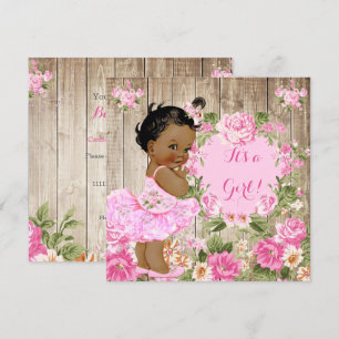 Baby Shower Rosa Floral Rustikal Holz Mädchen Ethn Einladung