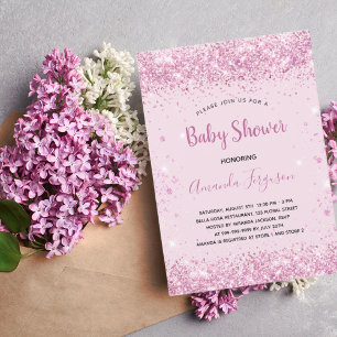 Baby-Shower rosa Glitter-Mädchen Schrift Einladung