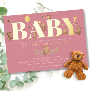 Baby Shower Rosa Honigbär Folieneinladung