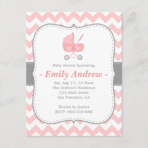 Baby Shower - Rosa und Weiß Chevron mit Kinderwage Einladung