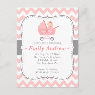 Baby Shower - Rosa und Weiße Chevron mit Kinderwag Einladung
