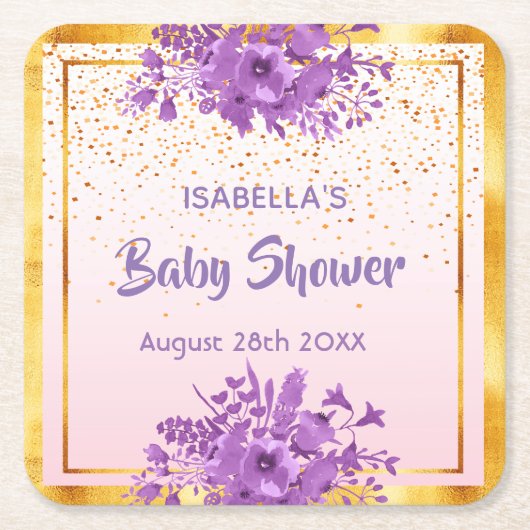 Baby Shower Rose Gold lila Blumenbezeichnungen Rechteckiger Pappuntersetzer (Vorderseite)