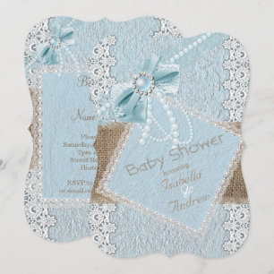 Baby Shower Rustikal Blaues Band Perlen Spitze Jut Einladung