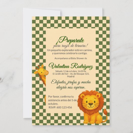Baby Shower Safari Editable Chess Pattern León Einladung (Vorderseite)