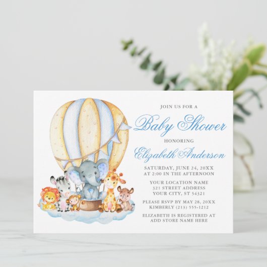 Baby Shower Safari Tiere Luftballon Wolken Einladung (Stehend Vorderseite)