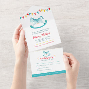 Baby-Shower-Schaukelpferd-Aquafarben-Wasserfarben All In One Einladung