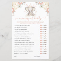 Baby Shower Spiel 'Mama oder Papa Elefant Mädchen'