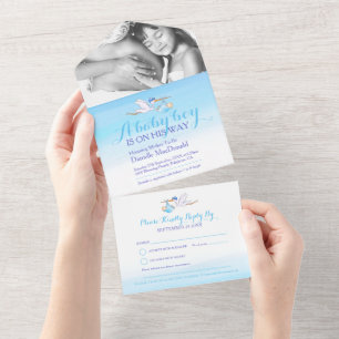 Baby-Shower-Storch-Lieferung Aquarell blau Foto All In One Einladung