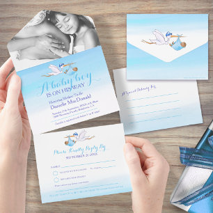 Baby-Shower-Storch-Lieferung Aquarell blau Foto All In One Einladung