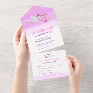 Baby Shower Storch Lieferung Aquarell Mädchen Rosa All In One Einladung