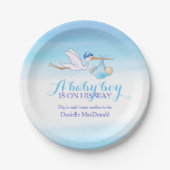 Baby Shower Storch Lieferung Baby Boy Art Platte Pappteller (Vorderseite)