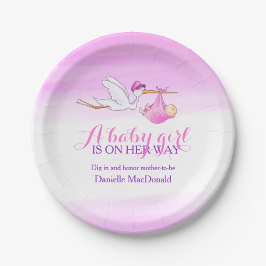 Baby Shower Storch Lieferung Baby Girl Art Platte Pappteller (Vorderseite)
