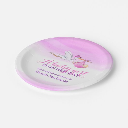 Baby Shower Storch Lieferung Baby Girl Art Platte Pappteller (Schrägansicht)