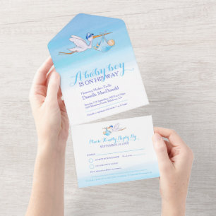 Baby-Shower-Storch-Lieferung Wasserfarbe blau All In One Einladung