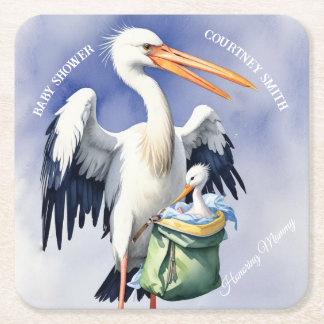 BABY SHOWER. Storch mit einer Tasche Rechteckiger Pappuntersetzer