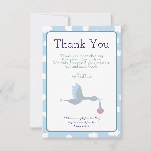 Baby Shower Stork Blue Sky Wolken und Bible Verse Dankeskarte (Vorderseite)
